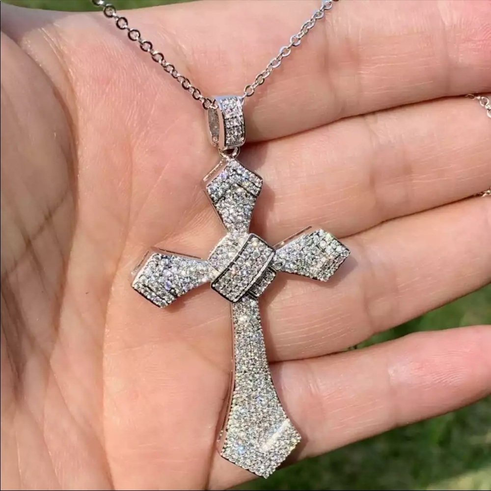 New Women’s Men 925 Silver Big Cross Diamond Necklace - Picture 2 of 7